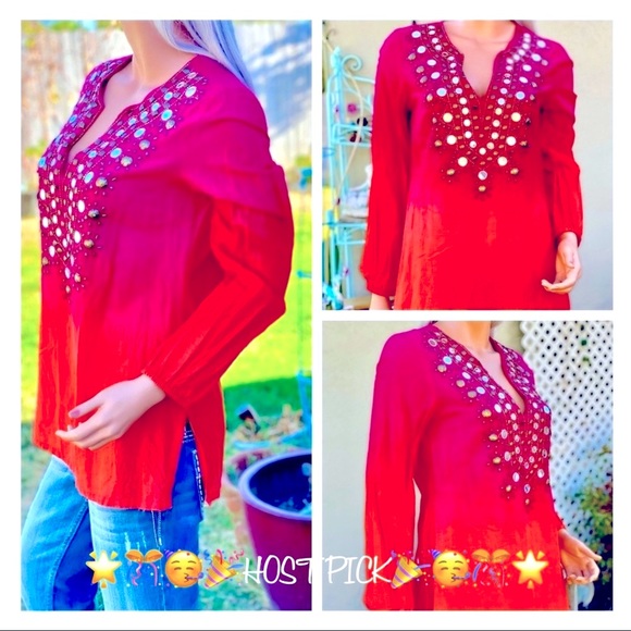 🎉HP MICHAEL KORS Retro Tie-die Ombré BoHo Gypsie Chic Beaded Mirrored Blouse - Picture 2 of 15